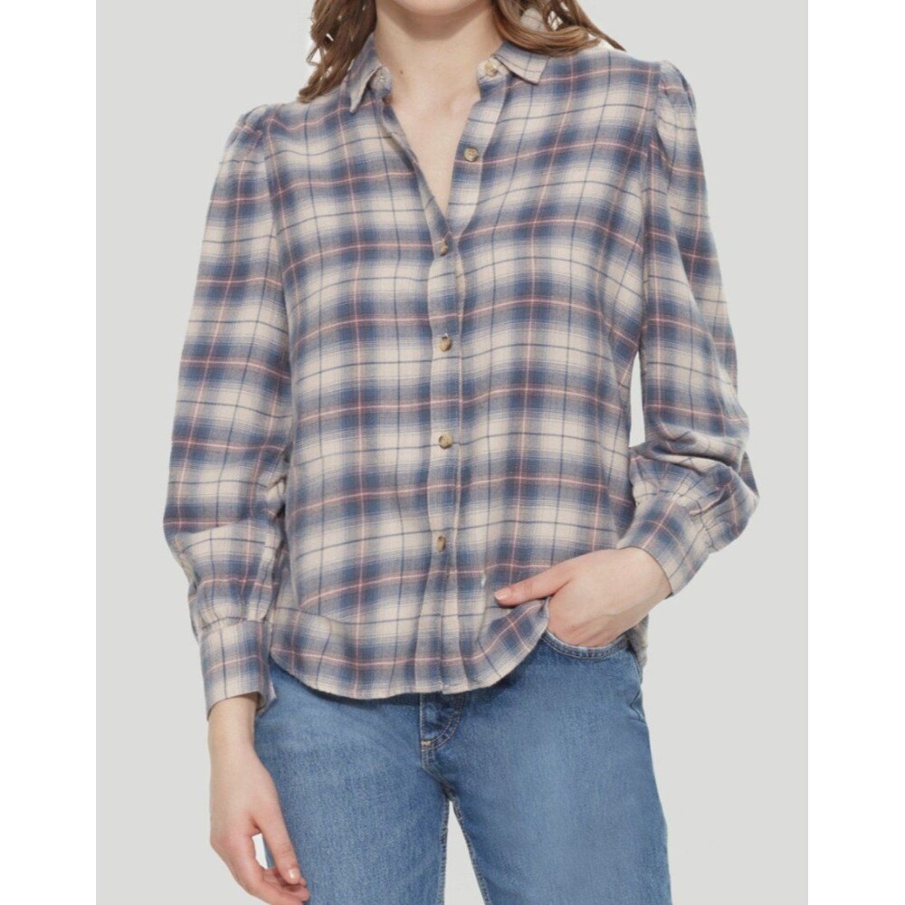 Dex Button Front Plaid Shirt Rose Blue Women XS NWT
